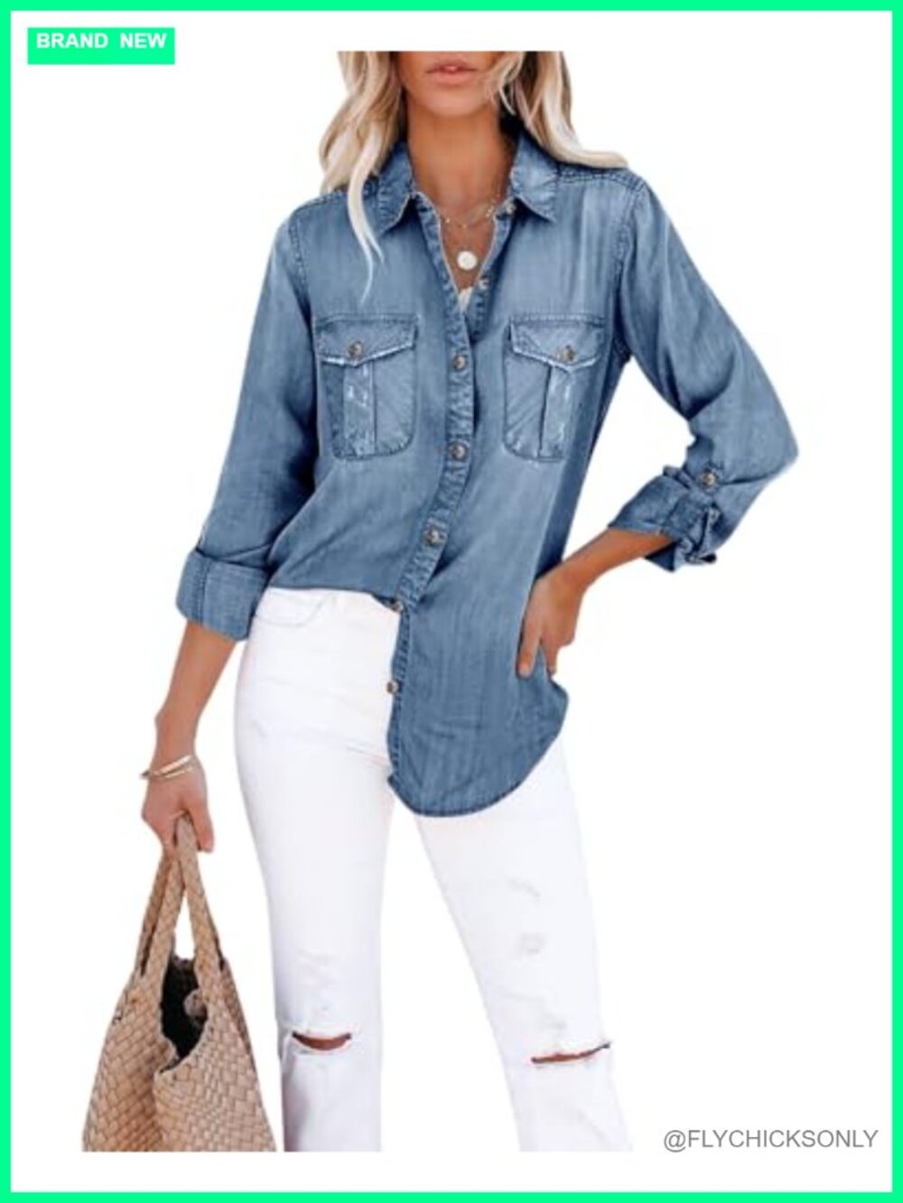 Button Down Denim Shirt Oversized Long Sleeve Roll Up Casual Jean Jacket Tunic - Picture 6 of 7